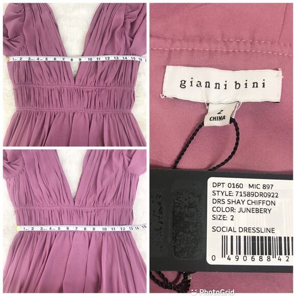 GIANNI BINI Shay Low Cut Pleated Midi Dress Long Sleeve Mauve Purple Sz 2 4 New - Picture 12 of 14